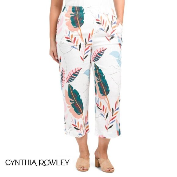NWT CYNTHIA ROWLEY Plus High Rise Linen Tropical Print Wide Leg Crop Pants - Picture 1 of 5